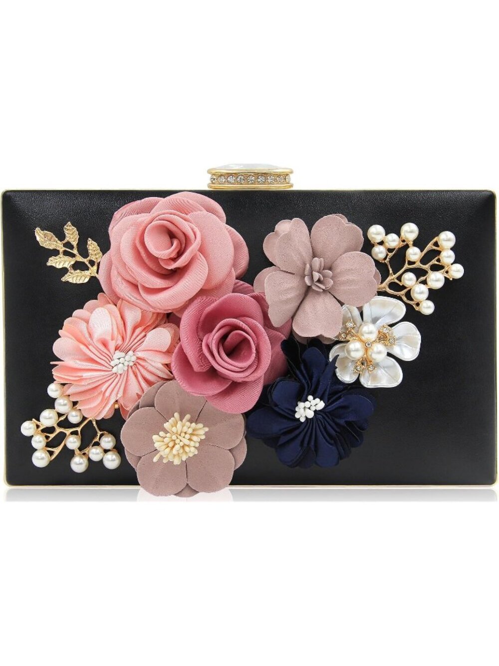 Women's Black Floral Clutch Purse Wedding Rhinestone Prom Party Evening Bag